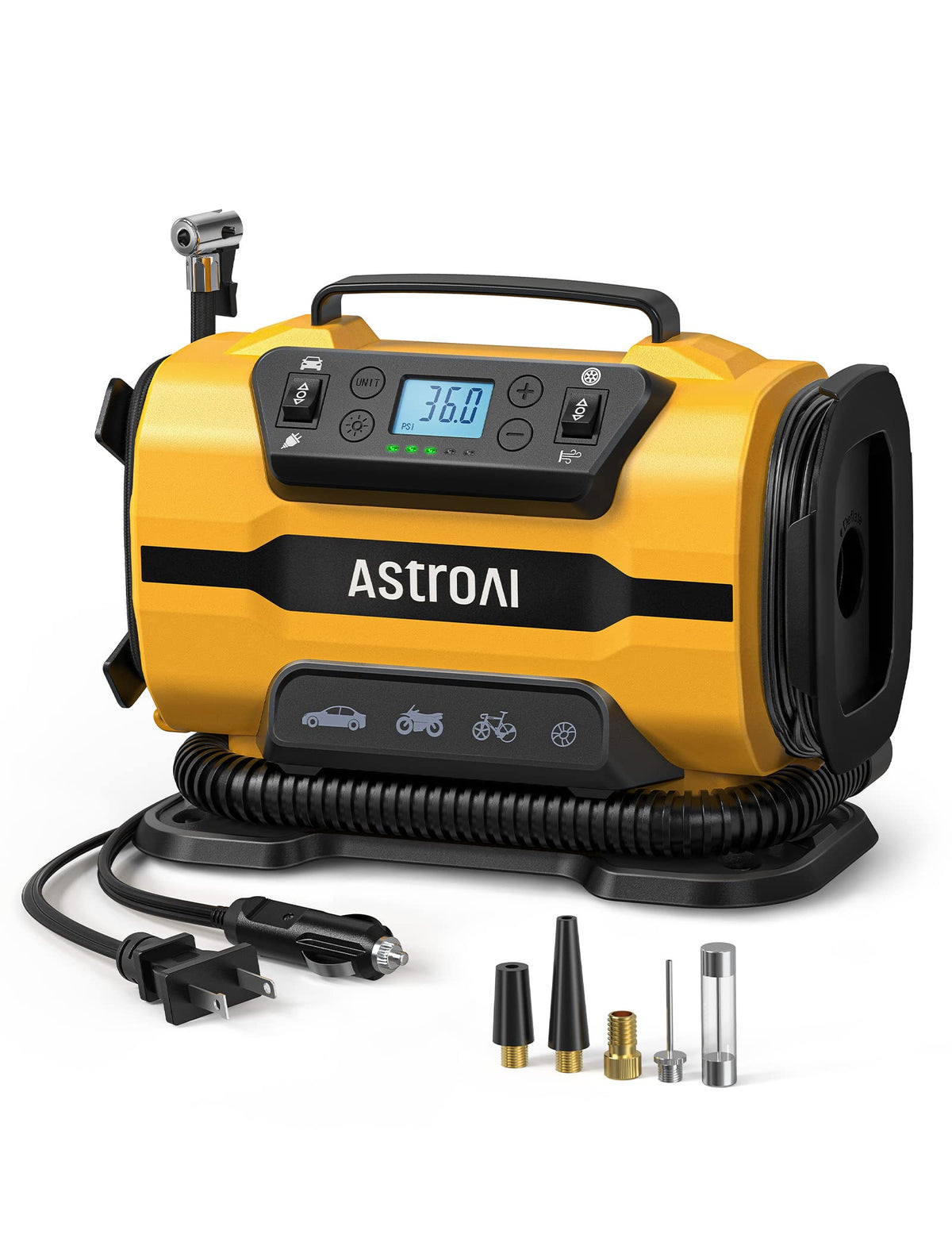 AstroAI Tire Inflator Portable Air Compressor Pump 150PSI 12V DC/110V AC with Dual Metal Motors&LED Light (Yellow)