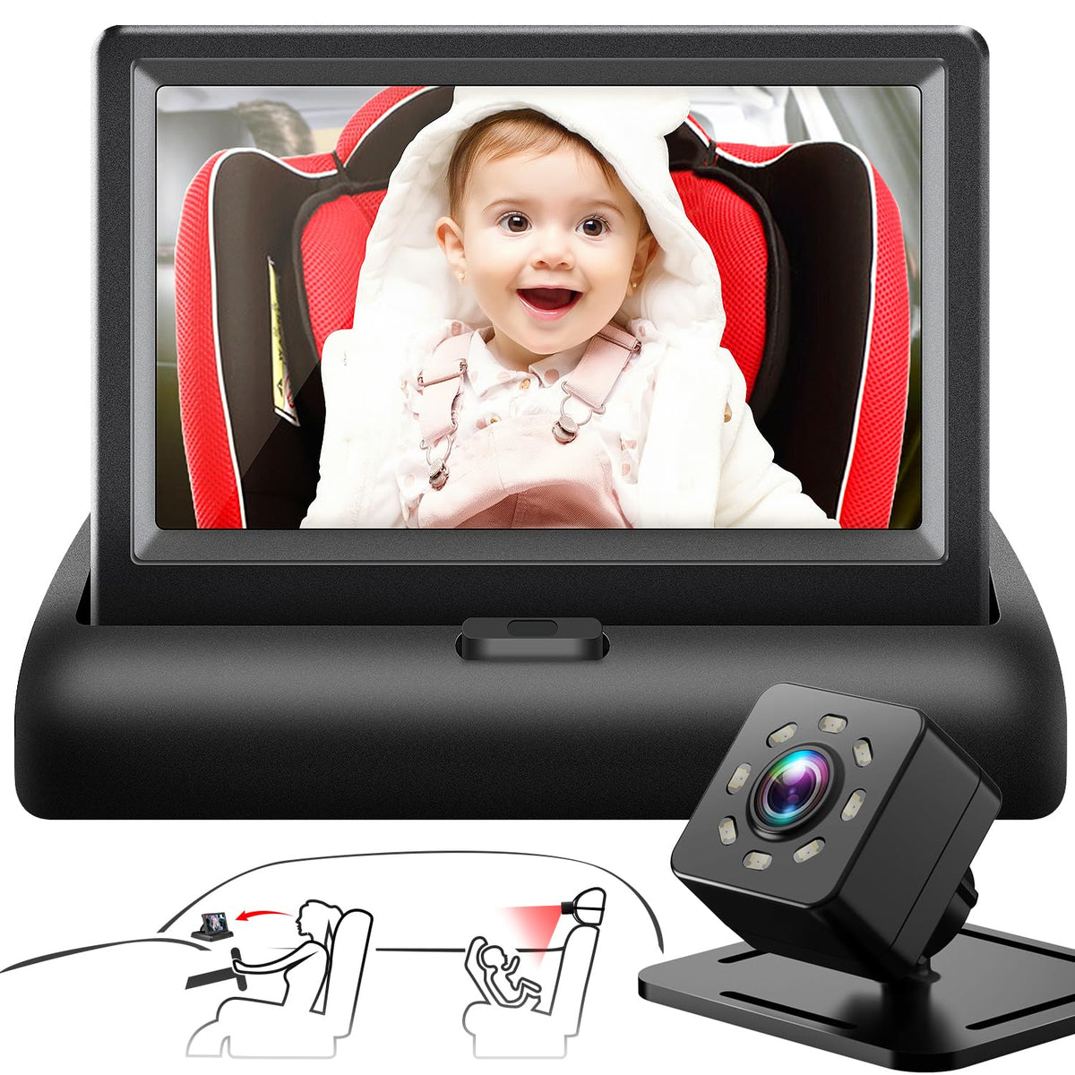 Baby Car Mirror with 4.3'' HD Night Vision Function Display, Safety Car Seat Camera with Wide Crystal Clear View