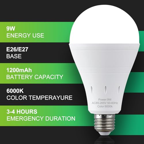 DEBAOBULB6 Pack Rechargeable Emergency Light Bulbs, Battery Powered LED Light Bulb 6000K Daylight E26 120 Volt 9W 60W Equivalent with 1200mAh