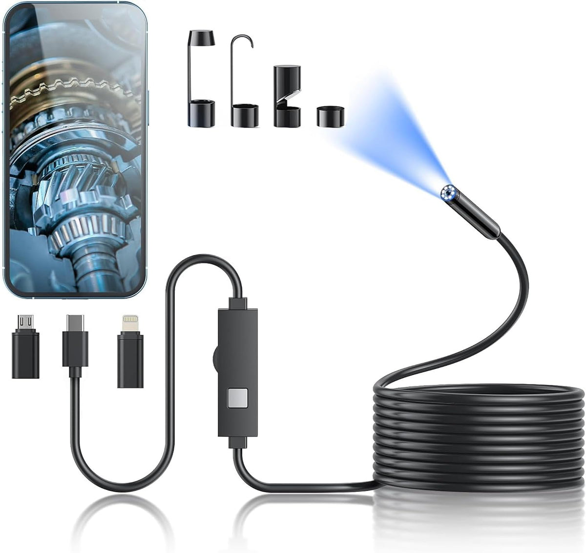 Endoscope Camera with Light, 1920P HD Borescope Tools with 8 Adjustable LED Lights, Endoscope with Semi-Rigid Snake Camera, Inspection Borescope