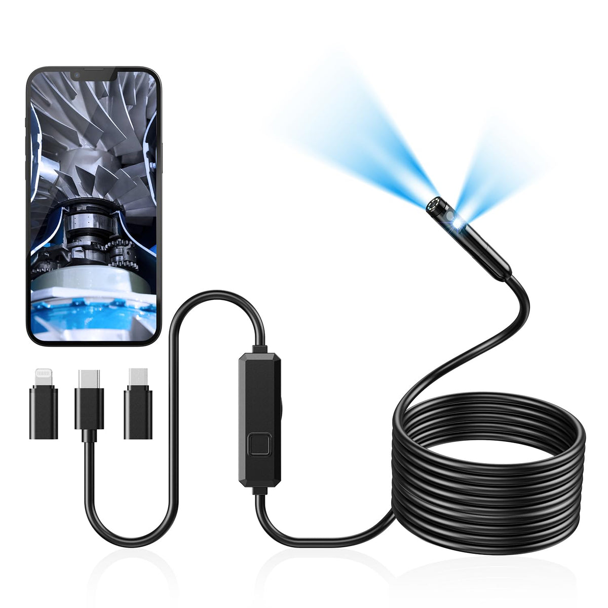 Endoscope Camera with Light, Dual-Lens 1920P HD Borescope with 8 Adjustable LED Lights, IP67 Waterproof Boroscope Inspection Tools