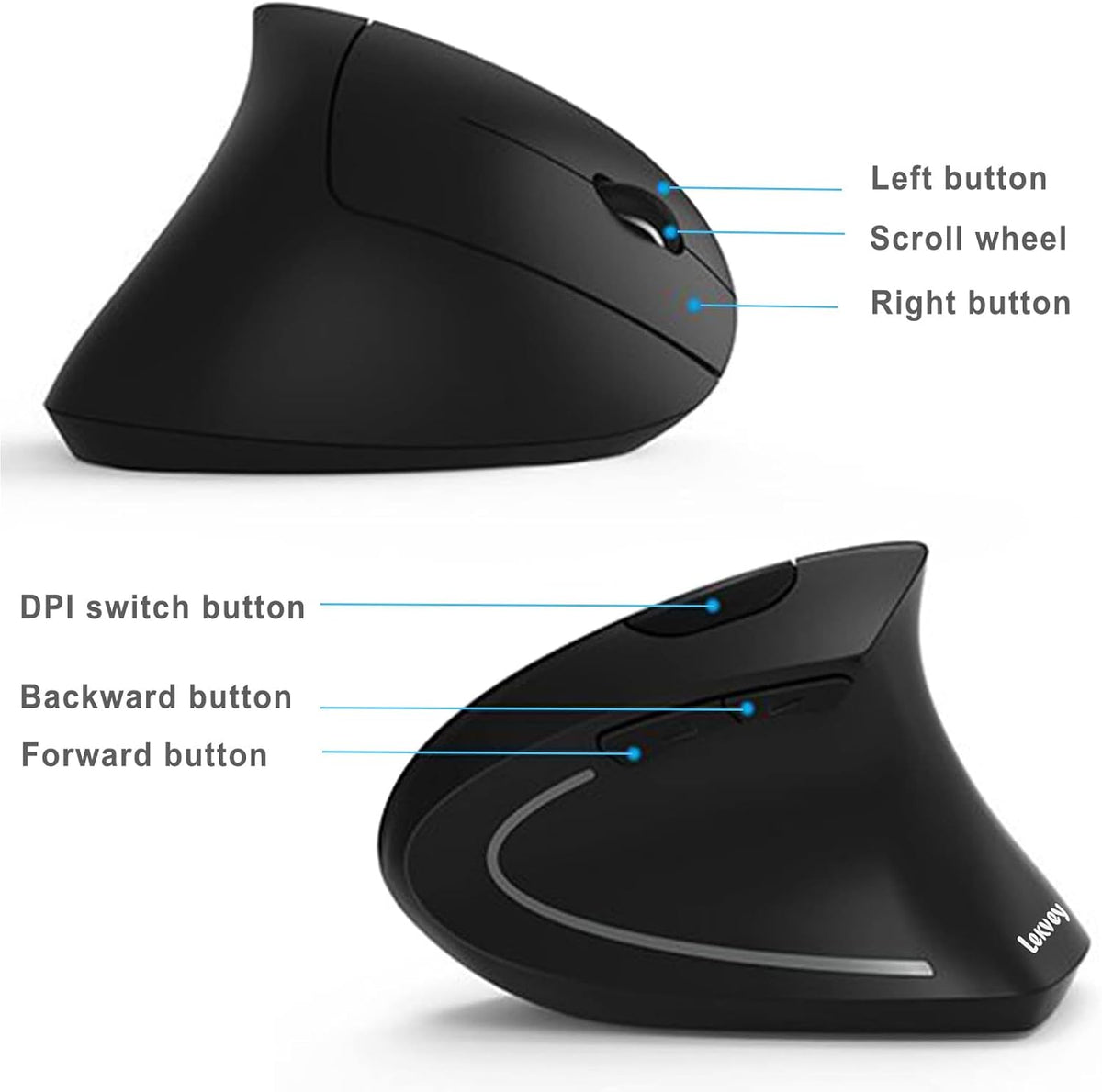Ergonomic Mouse, LEKVEY Vertical Wireless Mouse - Rechargeable 2.4G Optical Vertical Mice, 3 Adjustable DPI 800/1200/1600 Levels 6 Buttons (Black)