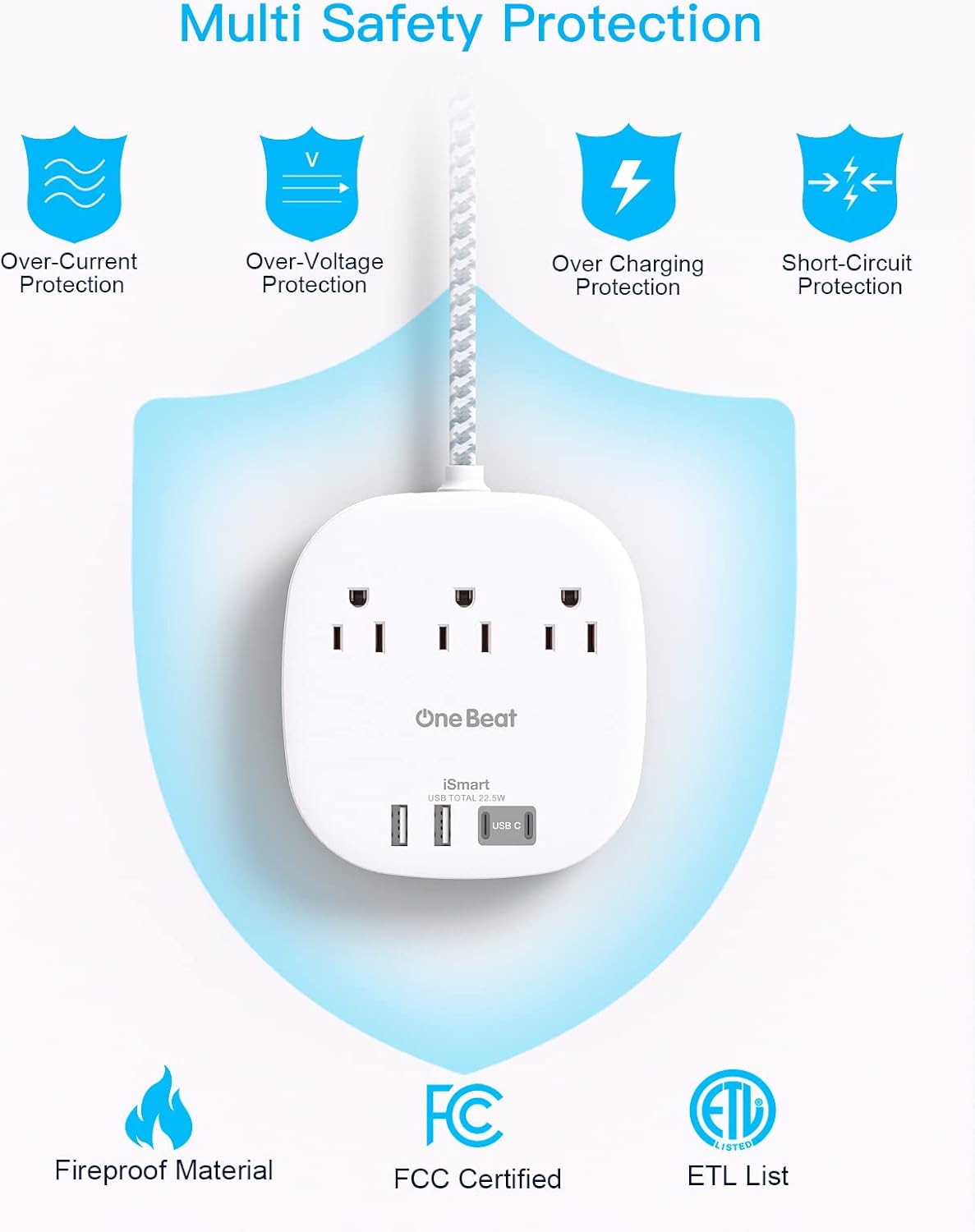 Flat Plug Power Strip, 6ft Ultra Flat Extension Cord - 3 Outlets 4 USB Ports (2 USB C) 22.5W/4.5A Desktop Charging Station