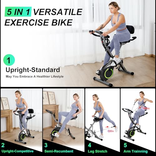 Foldable Exercise Bike Stationary Bikes for Home, 5 IN 1 Indoor Workout Bike, Cycling Bike with 16-Level Quiet Magnetic Resistance, 6.6 LBS Flywheel