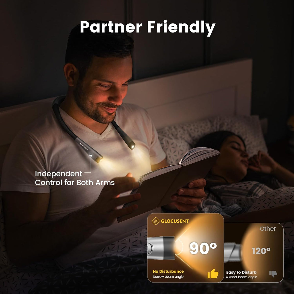Glocusent Book Light, 3-Color & 6-Brightness Reading Light, Bendable Neck Light, 80-hr Lasting Rechargeable Book Light, Perfect Reading Lights