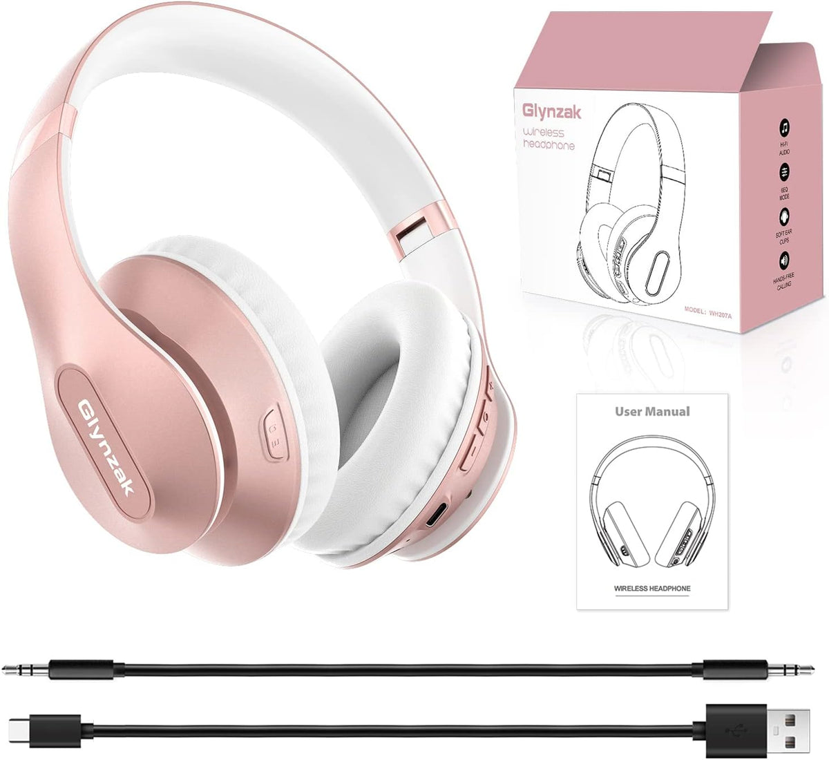 Glynzak Wireless Bluetooth Headphones Over Ear 65H Playtime HiFi Stereo Headset with Microphone and 6EQ Modes Foldable Bluetooth V5.3 Headphones