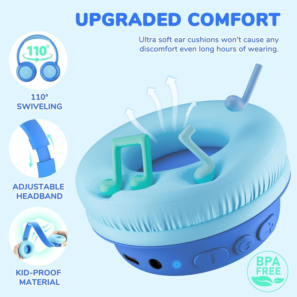 iClever BTH22 Kids Bluetooth Headphones, 60H Play Time, USB C Fast Charging, Bluetooth 5.4, AUX Cord, Safe Volume 74/85 dBA, Toddler Headphones
