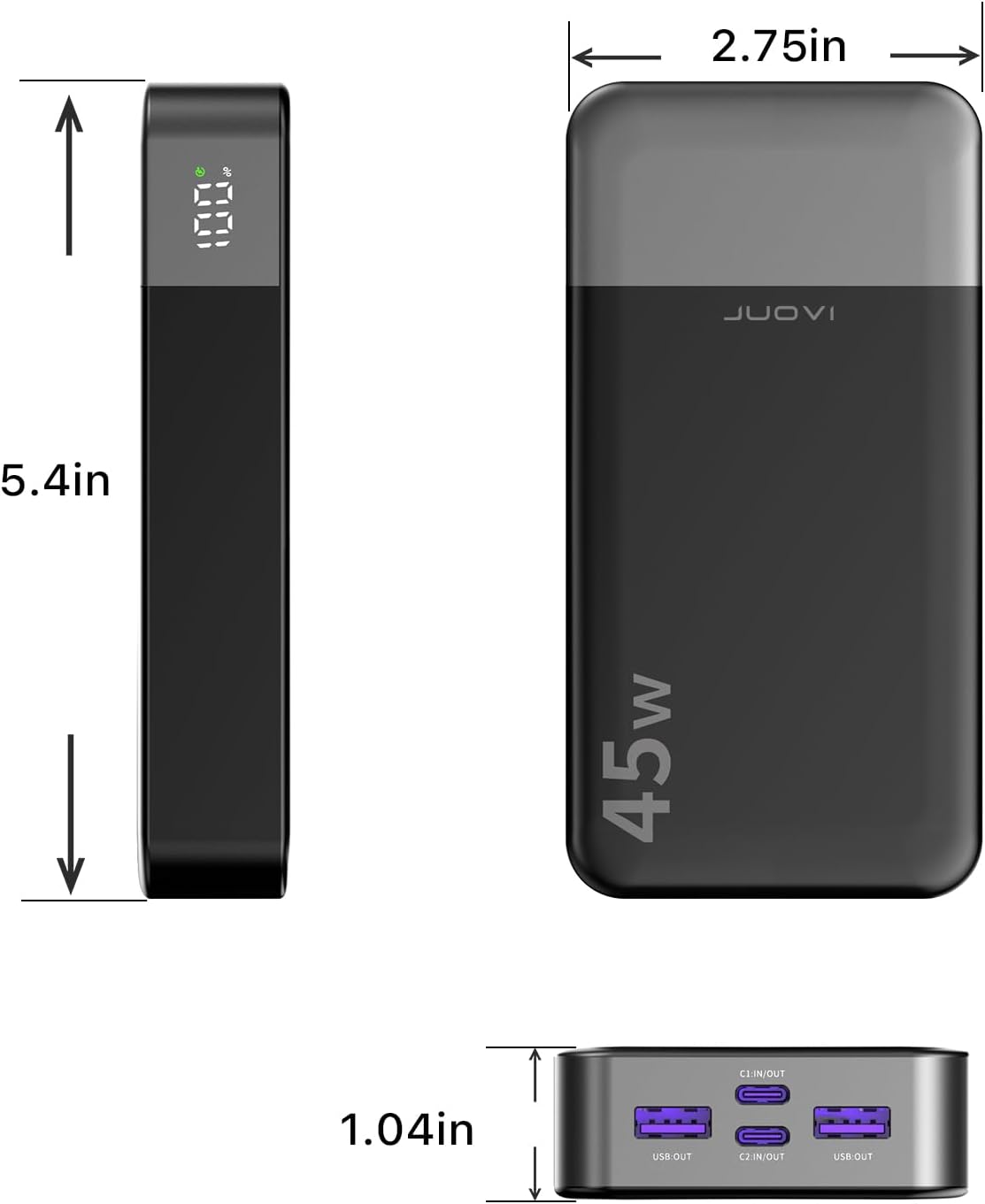 J2621 Power Bank Portable Charger 20000mAh 45W, PD3.0 QC 4.0 Fast Charging Battery Pack with LED Display,2 USB-C,2 USB-A for iPhone 15 16, MacBook