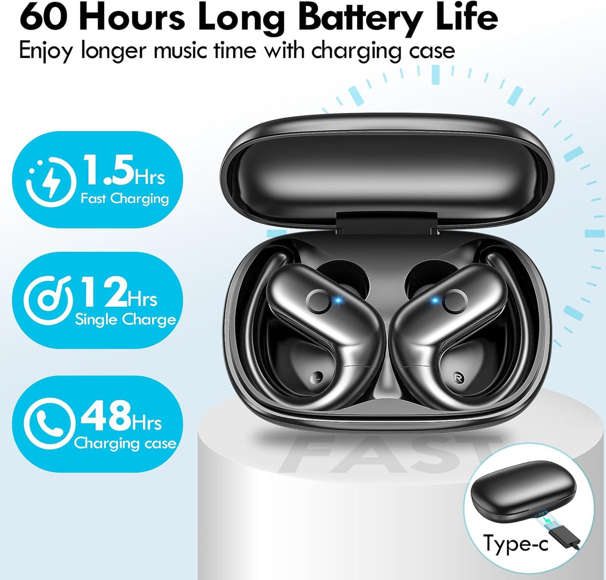 kurdene Wireless Earbuds Bluetooth Headphones Sport, Over Ear Buds with Deep Bass Sound, 60Hrs Playtime Earphones Redesigned Comfort Fit with Earhooks