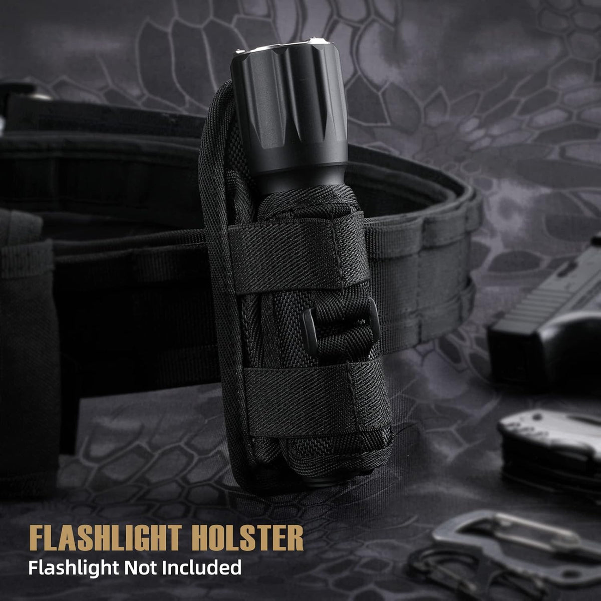 LIVANS Tactical Flashlight Pouch Holster, Rotatable Flashlight Holder Belt Clip Tactical Torch Carry Case with 360 Degree Carabiner Reel Clip