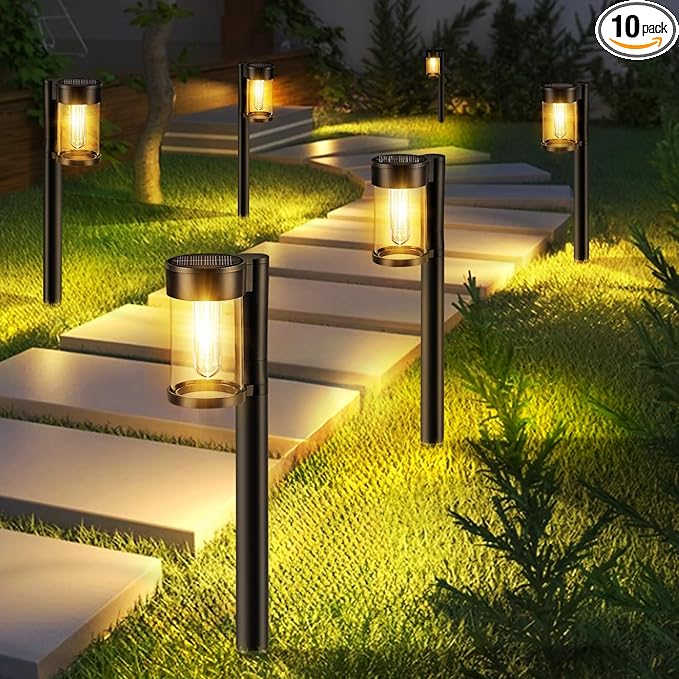 Mancra Solar Pathway Lights Outdoor, 10 Pack Metal & Glass Solar Lights Outdoor Waterproof Landscape Path Lights (Warm White)