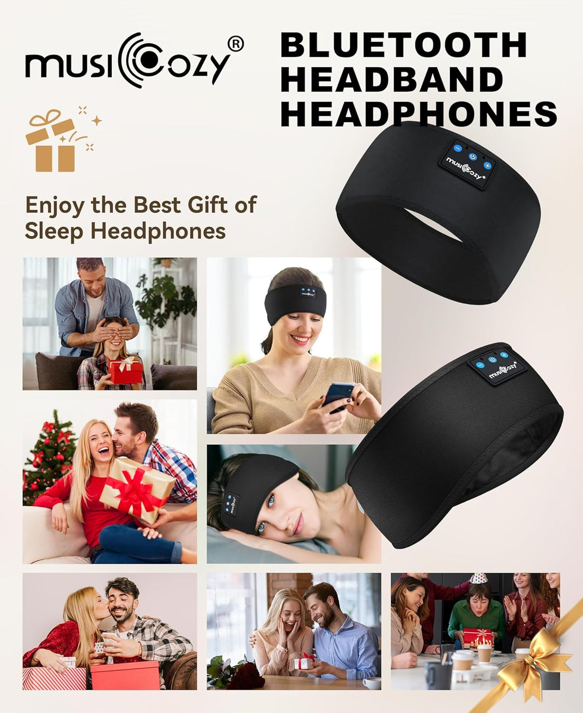 MUSICOZY Sleep Headphones Bluetooth 5.4 Headband, Sports Wireless Earphones Sweat Resistant Earbuds Sleeping Headphone