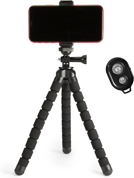 Portable and Flexible Tripod with Wireless Remote and Smartphone Clamp, 10-inch long, Black