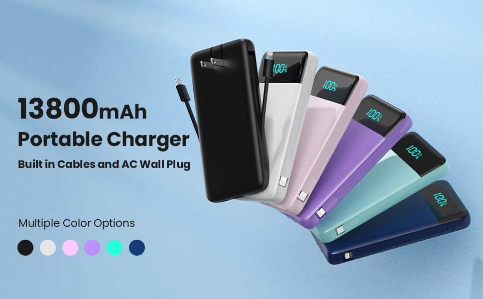 Portable Charger for iPhone with Built-in Cables and Wall Plug, Upgraded 13800mAh Fast Charging USB C Power Bank