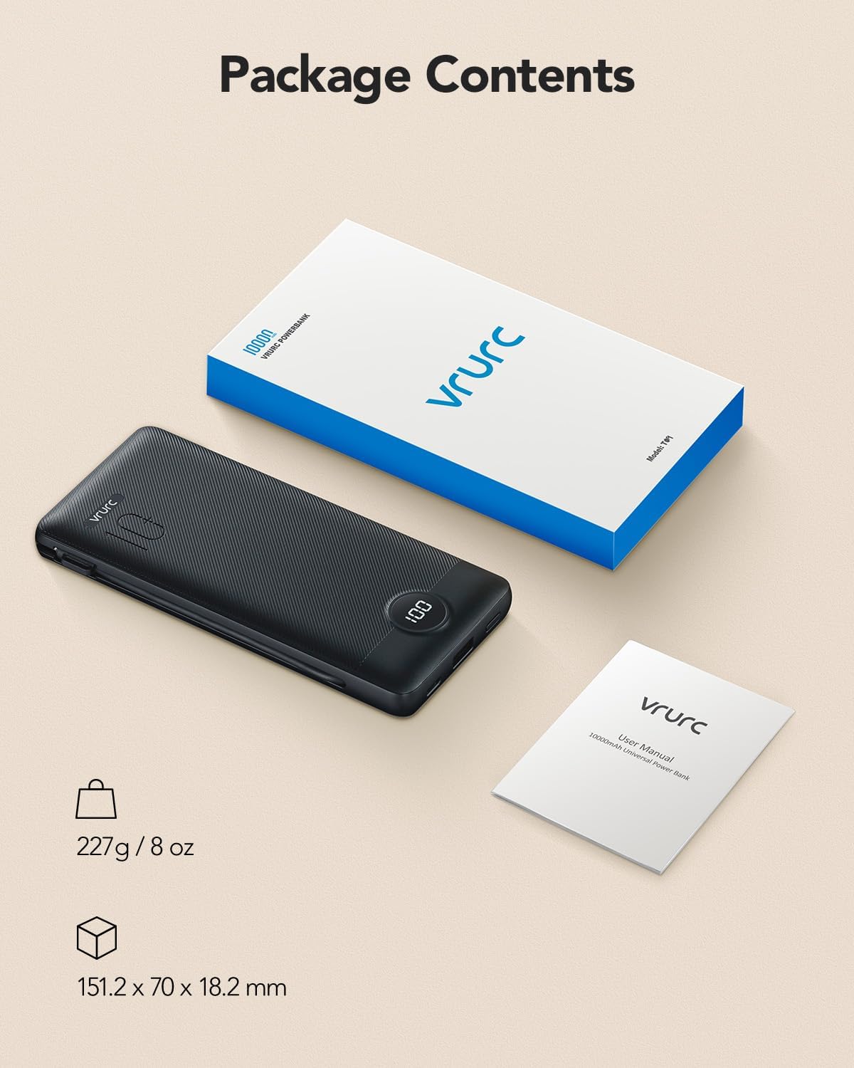 Portable Charger, Power Bank Built-in Cables and AC Wall Plug, VRURC USB C Portable Bank 10000mAh, Travel Essentials Phone Charger Compact Lightweight