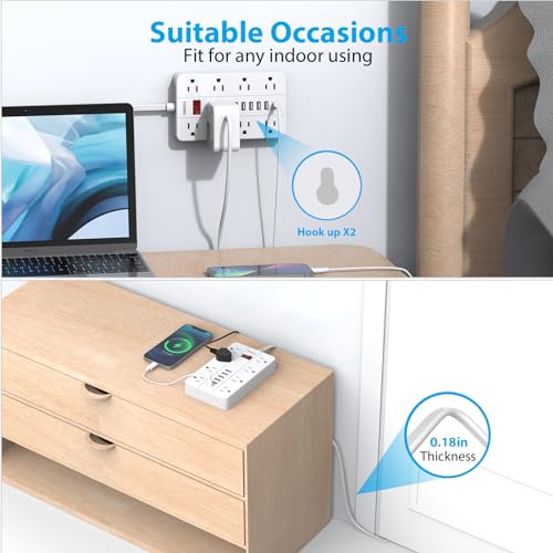Power Strip with USB, Surge Protector Flat Plug with 8 Widely Spaced Outlets and 6 USB Ports(1 USB C)