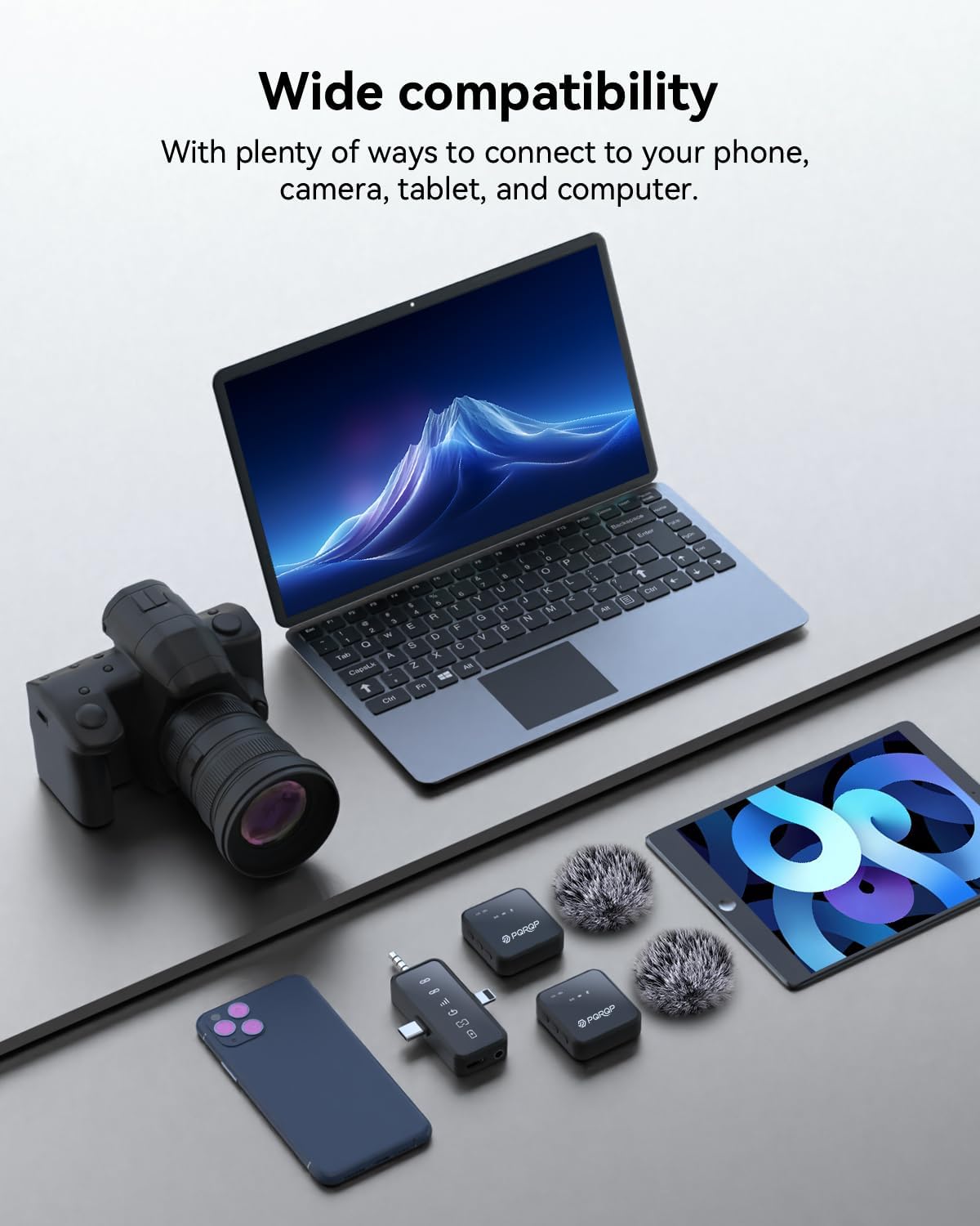 PQRQP 3 in 1 Microphone for iPhone/Android/Camera, Wireless Microphones, 328ft Transmission, 18H Battery Life, Mini Microphone for Record Interview