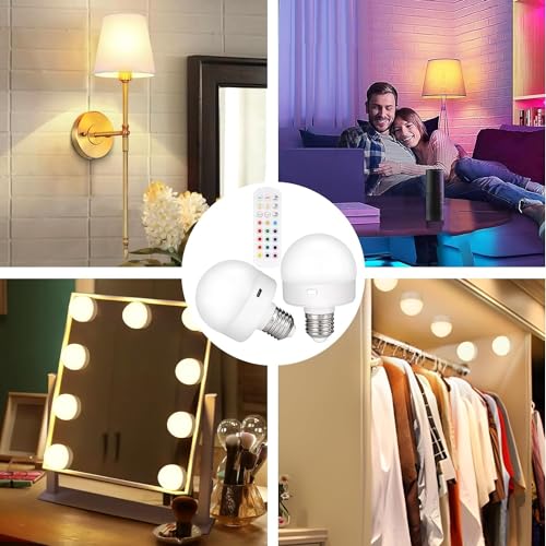 Rechargeable Battery Operated Light Bulb with Remote Control 2 Packs, 350LM Dimmable Detachable LED Bulb with 15 Colors Selectable & 3 Timer