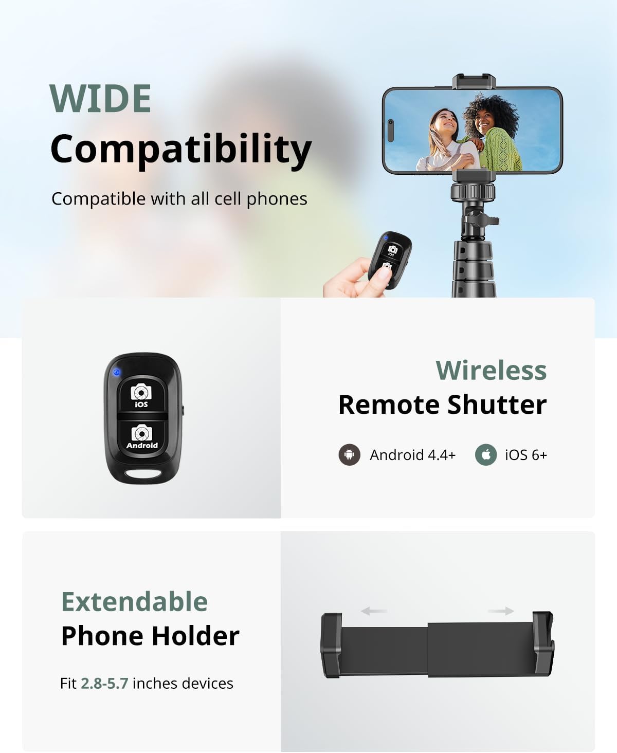 SENSYNE 62" Phone Tripod & Selfie Stick, Extendable Cell Phone Tripod Stand with Wireless Remote and Phone Holder