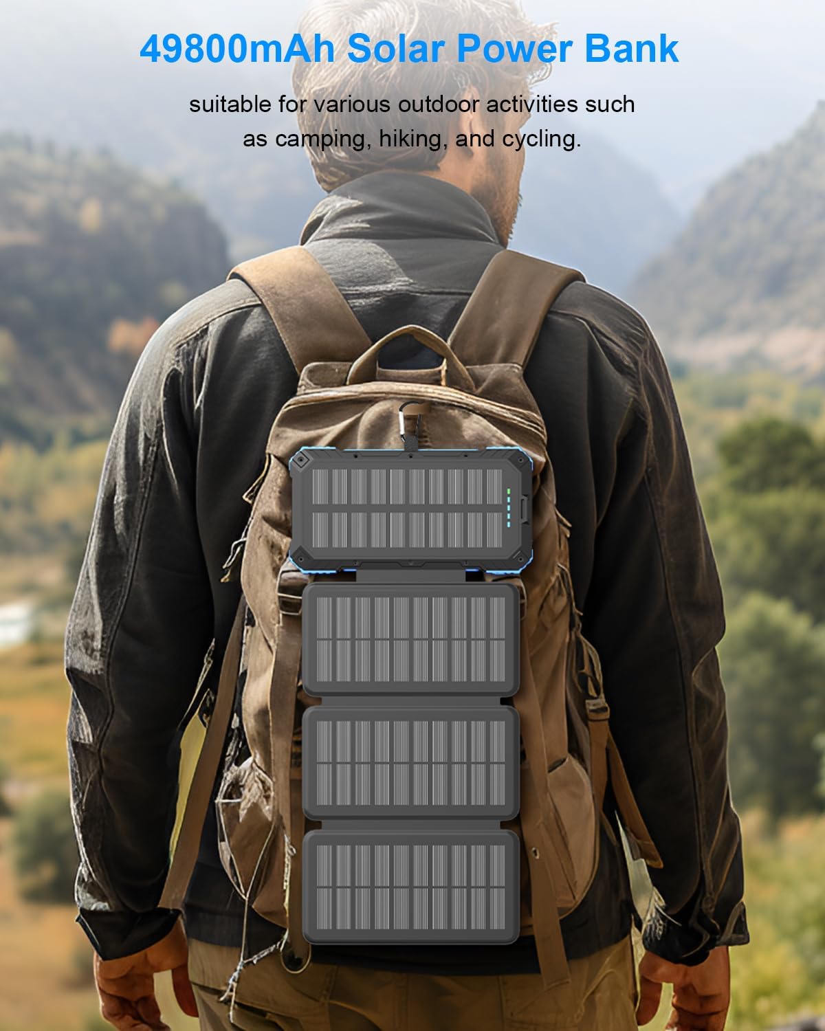 Solar Charger Power Bank 49800mAh with 4 Built-in Cables & 3 Foldable Panels, PD22.5W Fast Portable Phone Charger, External Battery Pack with USB-C