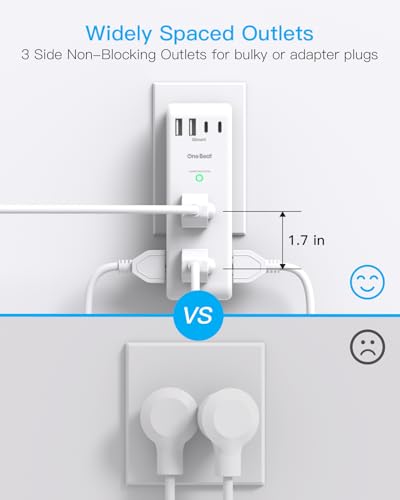 Surge Protector Outlet Extender - with Rotating Plug, 6 AC Multi Plug Outlet with 4 USB Ports (2 USB C), 1800J Wall Charger, 3-Sided Power Strip