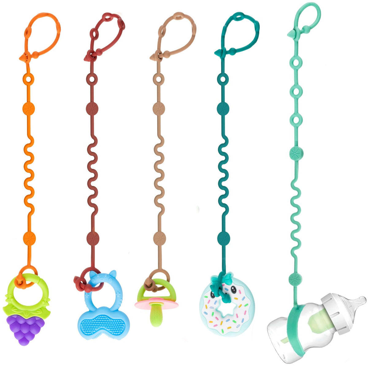 Toy Straps for Baby, 5pcs Adjustable Toy Holder for Stroller Accessories, Silicone Tether Pacifier Clip, No Throw Travel Essential Leash (5-Pack)