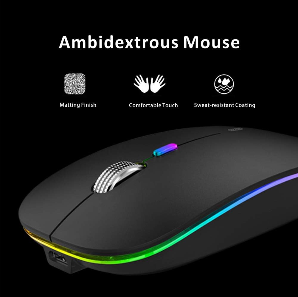 Uiosmuph LED Wireless Mouse, G12 Slim Rechargeable Silent Mouse, 2.4G Portable USB Optical Computer Mice with USB Receiver (Matte Black)