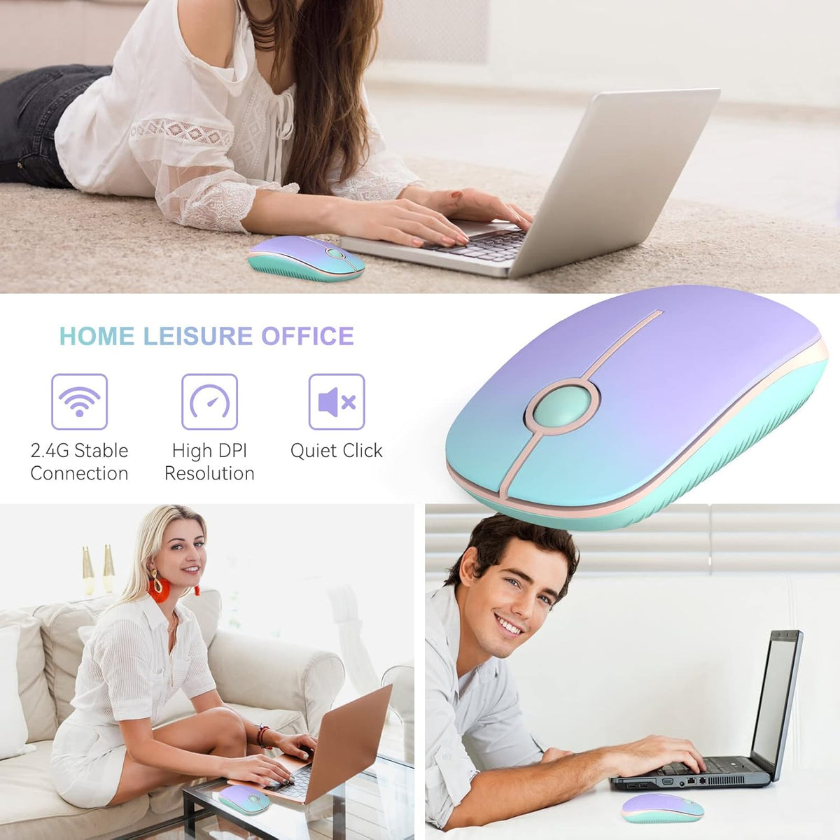 Unipows Wireless Mouse - 2.4G Slim Portable Computer Mouse with Nano Receiver, Less Noise Mobile Optical Mice for Notebook, PC (Gradient Mint Green)