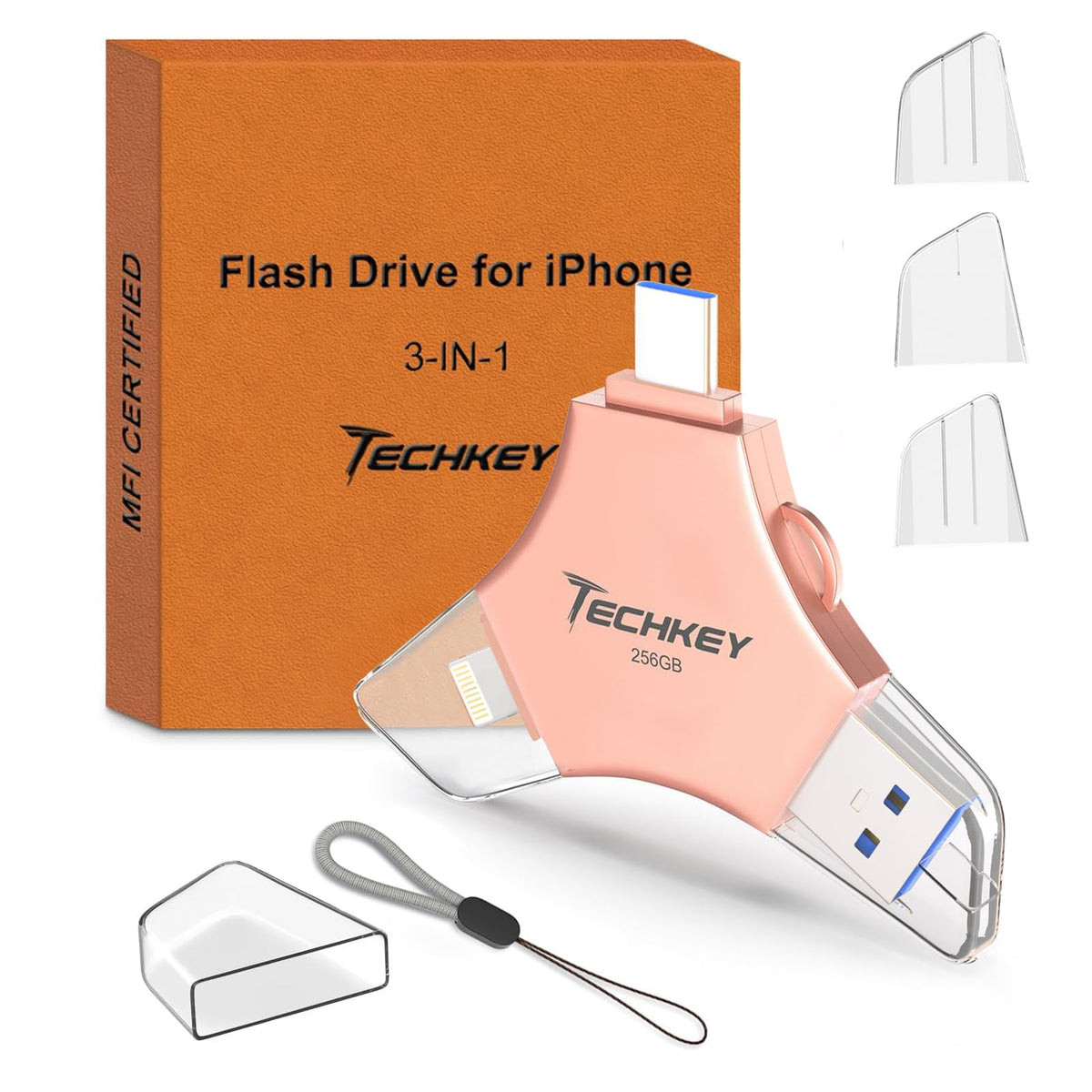 USB 3.0 Flash Drive for iPhone 256GB, MFi Certified 3in1 External Memory Photo Keeper Storage Stick (Pink)