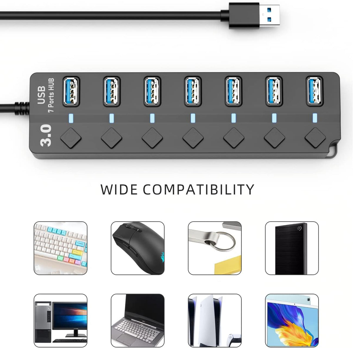 USB 3.0 Hub, PANPEO 7-Port USB Data Hub Splitter with 3ft Long Cable USB Extension for Laptop, PC Computer, Surface Pro, PS4/5, Flash Drive