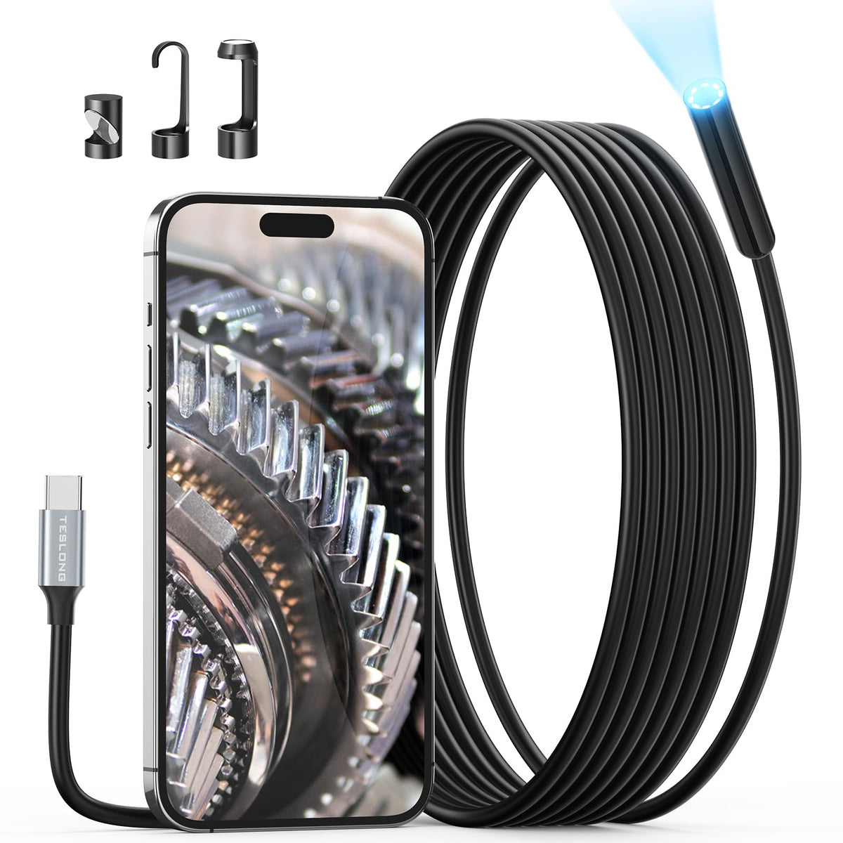 USB C Endoscope Camera with Light, Teslong Type-C Snake Borescope Camera with 8 LED Lights, 10FT Flexible Waterproof Inspection Cam, Fiber Optic Scope