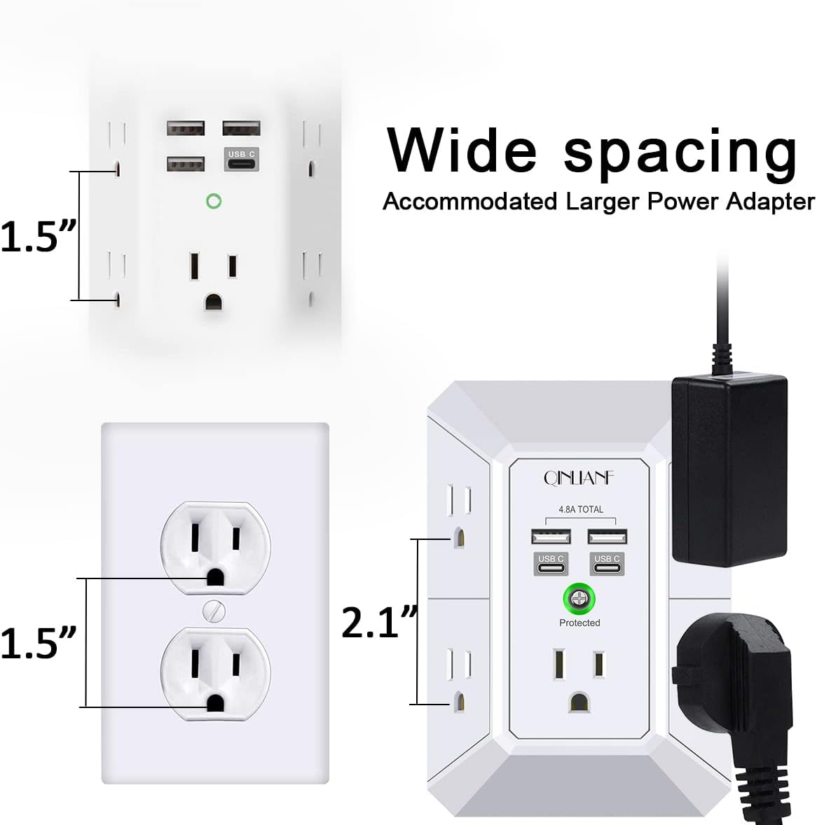 USB Wall Charger, Surge Protector, QINLIANF 5 Outlet Extender (White)