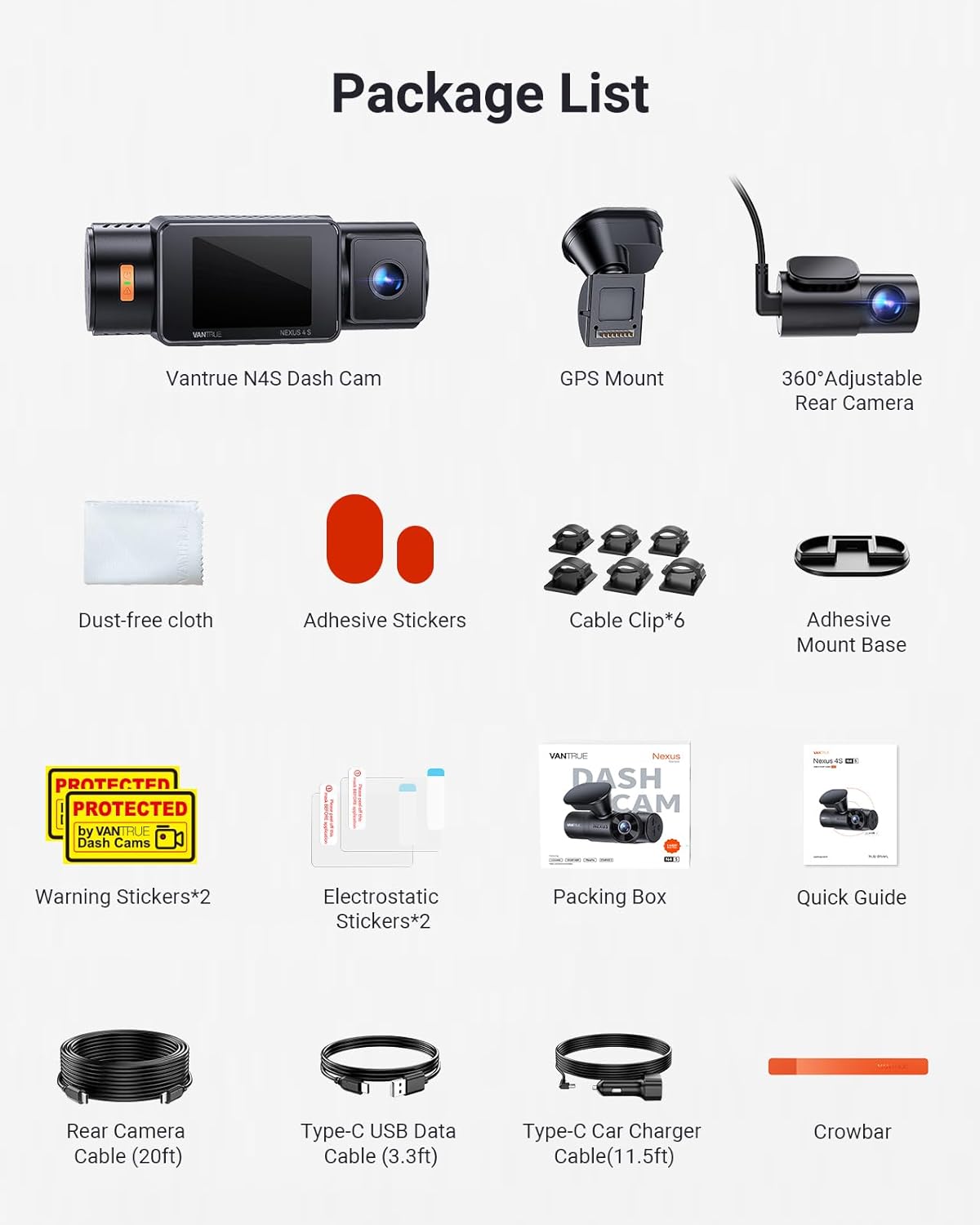 Vantrue New N4S 3 Channel Dash Cam, Front Rear Inside 2.7K+1440P+1440P Dashcam for Cars, Front and Rear Dual Channel, PlatePix™ Tech