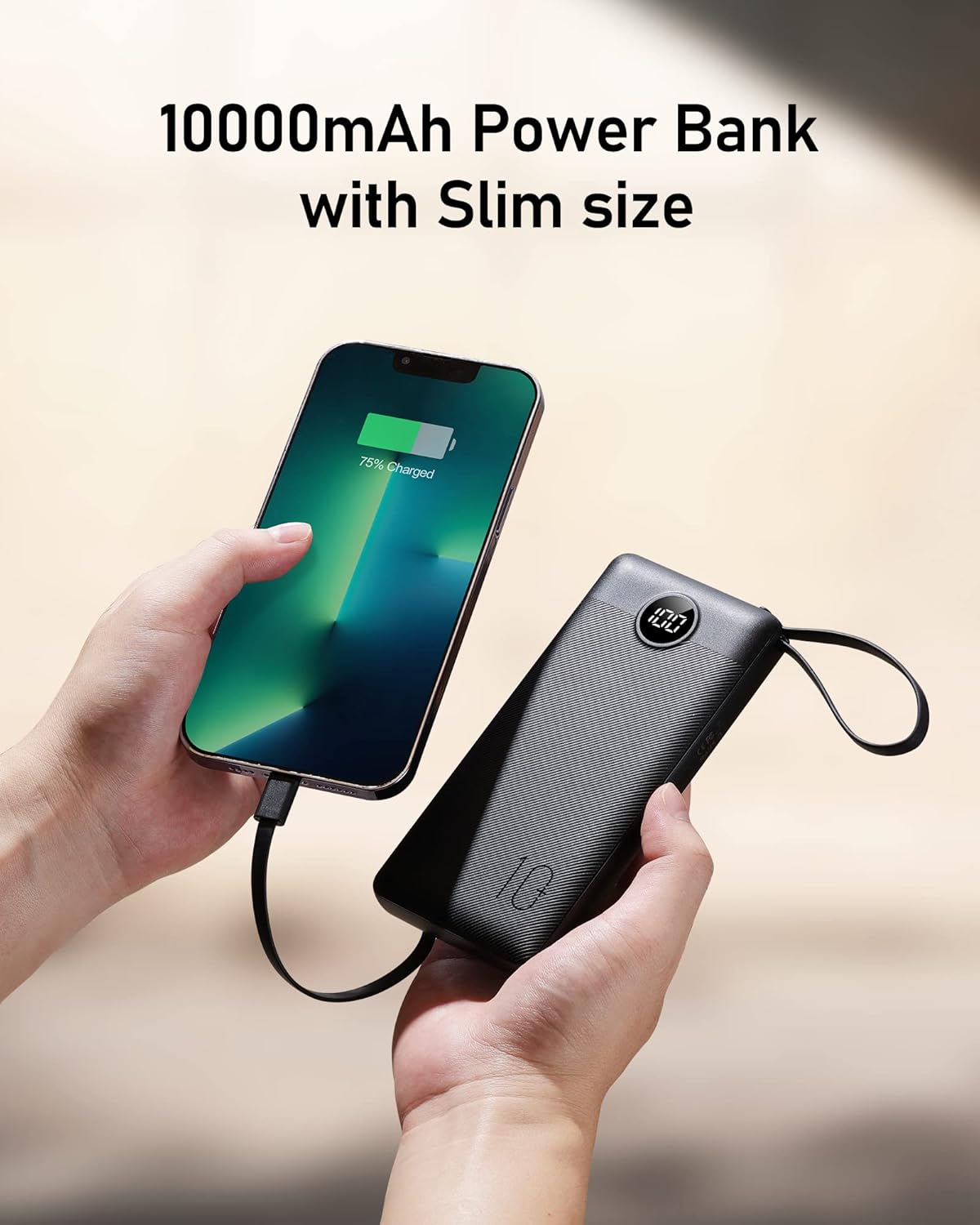 VEEKTOMX 10000mAh Portable Charger with 4 Built-in Cables - Slim Power Bank, USB-C Battery Pack with iPhone & Micro USB (Black)