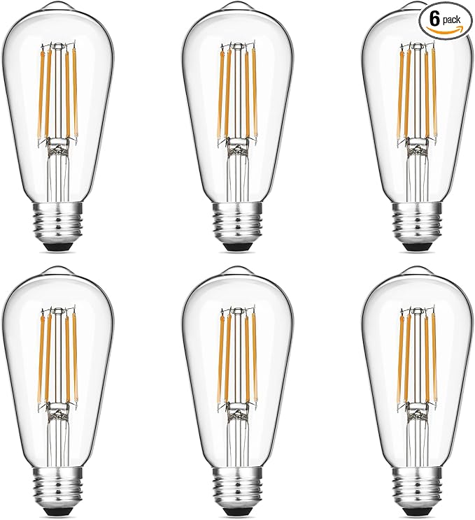 Vintage LED Edison Bulbs 6W, Equivalent 60W Incandescent, Warm White 2700K, ST58 Antique LED Filament Bulbs with 90+ CRI, E26 Medium Base (Pack of 6)