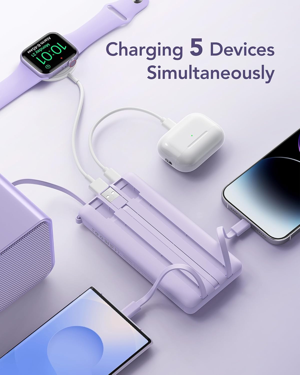 VRURC Portable Charger Power Bank, 10000mAh Travel Essentials Battery Pack, 5 Outputs 2 Inputs Slim Charging Bank Built-in Cables Cords (1 Pack)