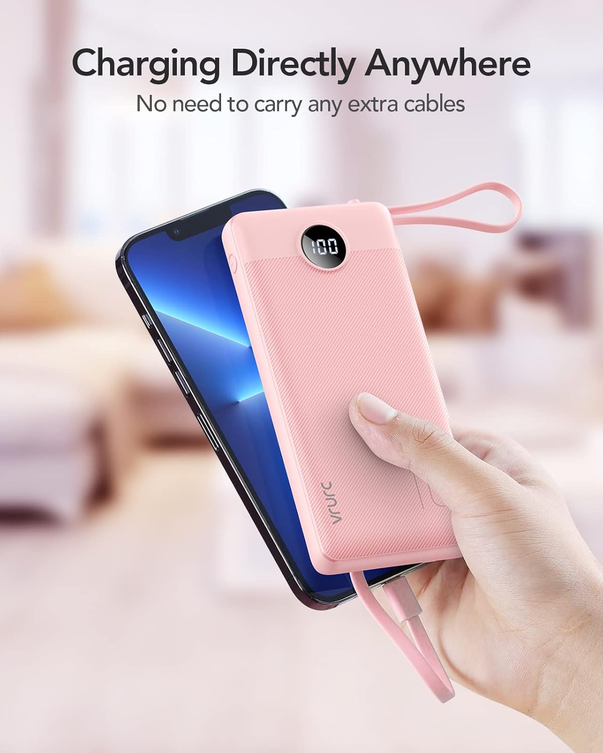 VRURC Portable Charger Power Bank, Built-in 4 Cables & 2 Ports, 10000mAh Slim Battery Pack with LED Display (1 Pack)
