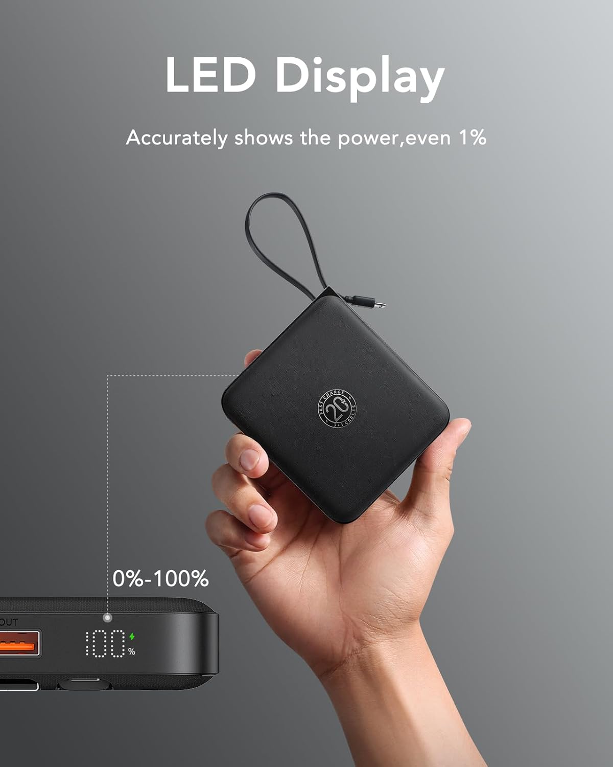 VRURC Portable Charger with Built-in Cable, 10000mAh 22.5W Fast Charging USB C Battery Pack, Cell Phone Power Bank (1 Pack)