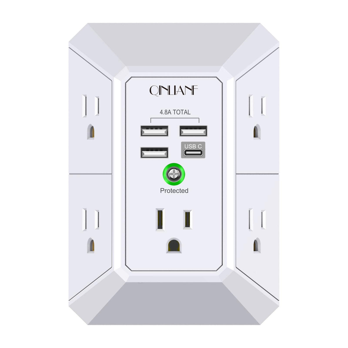 Wall Charger, Surge Protector, QINLIANF 5 Outlet Extender with 4 USB Charging Ports (4.8A Total) 3-Sided 1680J Power Strip Multi Plug Adapter Spaced