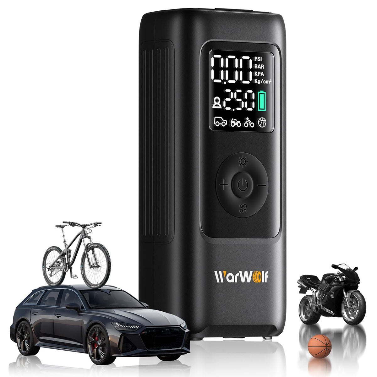WARWOLF 160PSI Tire Inflator Portable Air Compressor, Electric Air Pump for Car Tires with Pressure Gauge, Dual Power 12V DC, LED Light, Auto Shut-Off