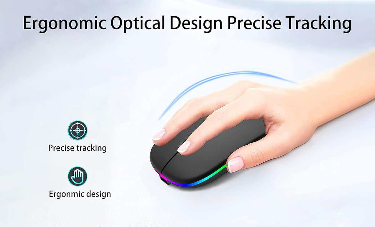 Wireless Bluetooth Mouse Rechargeable Laptop Mice with LED Use Portable(BT5.2 and USB 2.4G) Dual Mode Connection Silent Slim Computer Mouse (Black)