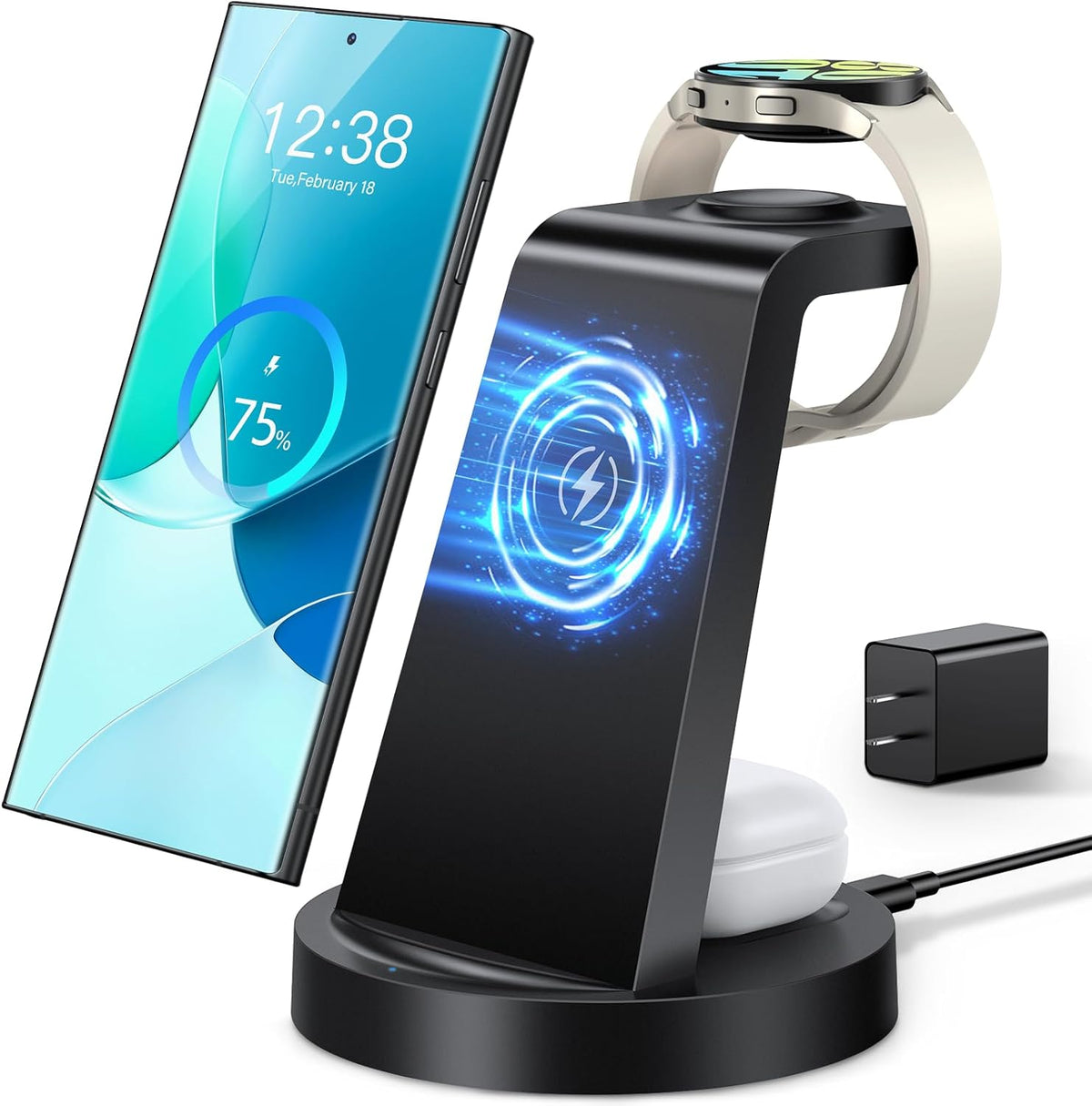 Wireless Charger for Samsung, 3 in 1 Wireless Charging Station for Samsung Galaxy Watch 8 7 6 5 4 3 Pro Classic Galaxy Buds - Charger Dock Stand