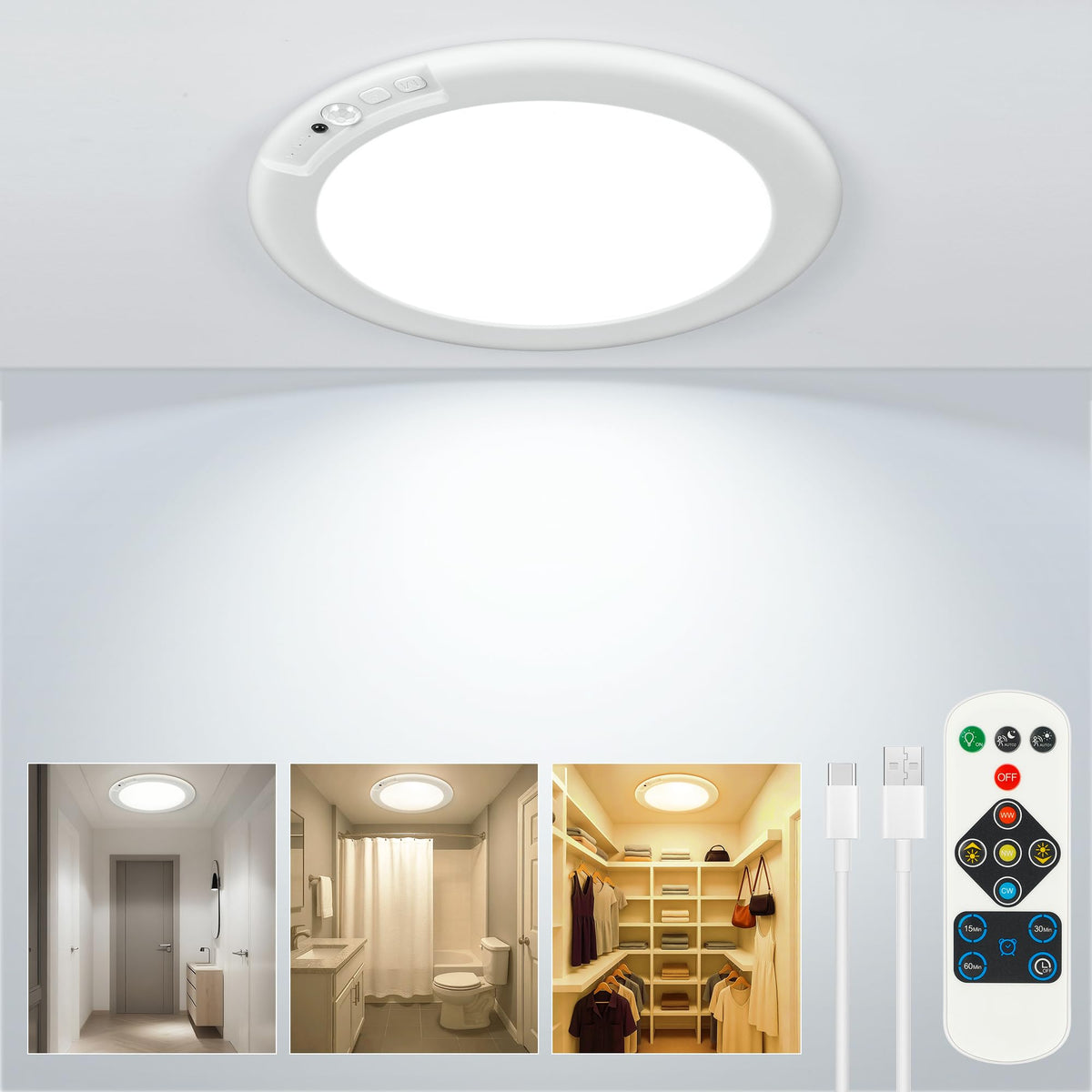 Wireless Closet Lights Motion Sensor - No Wiring Rechargeable Ceiling Light Night Light Indoor, Battery Operated Led Lights for Bedroom with Remote