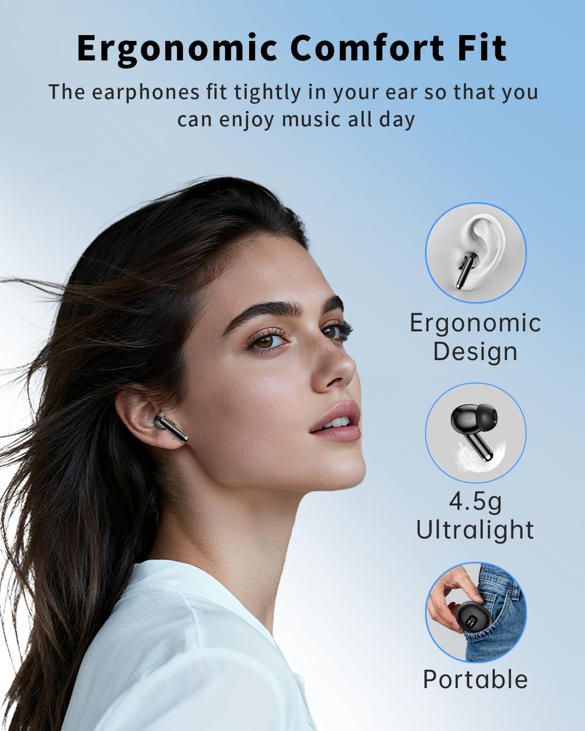 Wireless Earbuds, Bluetooth 5.4 Headphones with 50H Playback, Deep Bass Stereo Ear Buds Clear Calls with LED Power Display, IPX7 Waterproof (Black)
