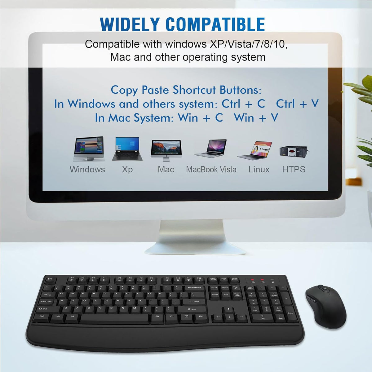 Wireless Keyboard and Mouse Combo, Full-Sized 2.4GHz Wireless Keyboard with Comfortable Palm Rest and Optical Wireless Mouse for Windows (Black)