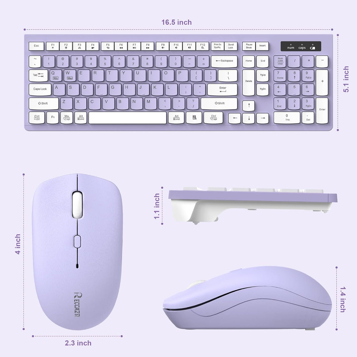 Wireless Keyboard and Mouse Combo, Full-Sized Wireless Keyboard and Adjustable DPI Mouse, 2.4GHz USB Receiver, Silent Keyboard and Mouse (Purple)