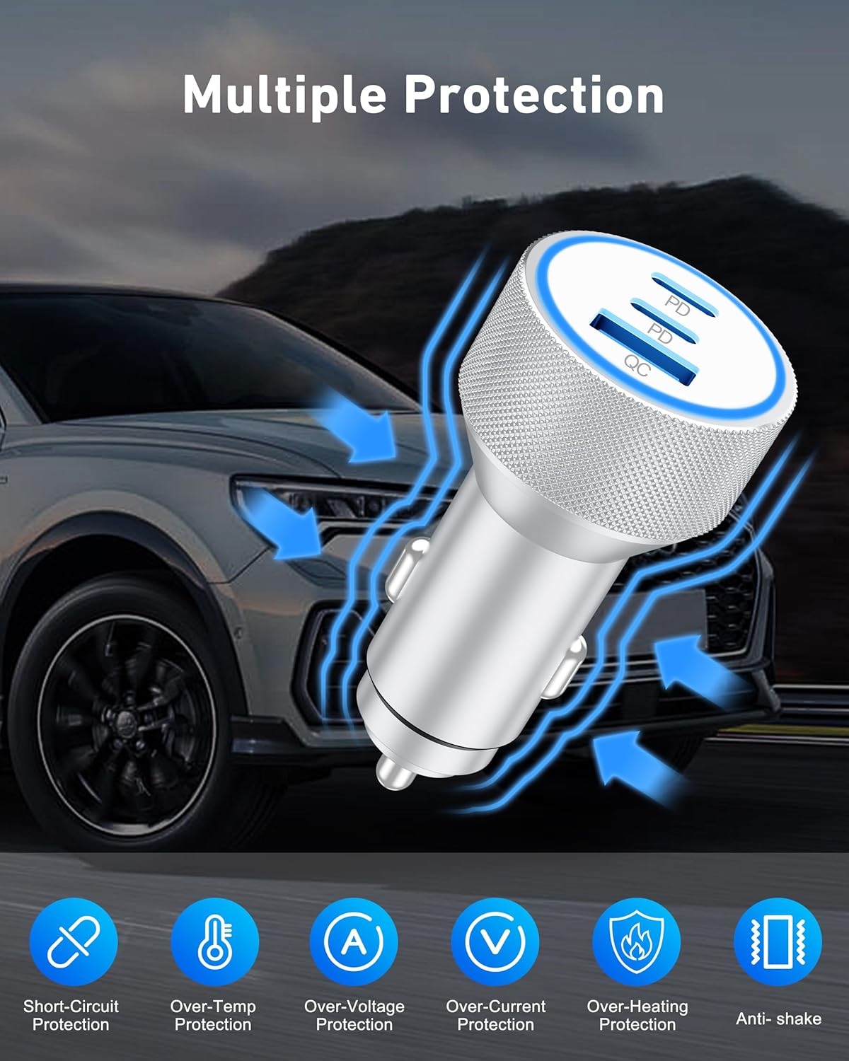 WODENTA for iPhone 17/16/15 Pro Max Car Charger, 67W 3-Port Fast USB C Car Charger Power Cigarette Lighter Adapter with 3FT USB C to C Cable