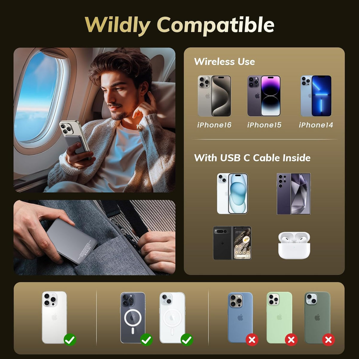 0.3" Ultra Slim, Alloy-Made, Credit Card, Magsafe Portable Charger for iPhone, 5000mAh Fast Charging Magnetic Power Bank
