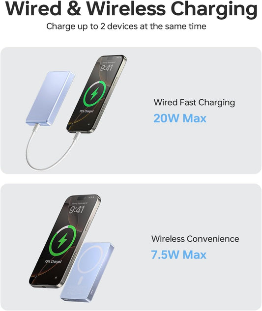 10,000mAh for MagSafe Power Bank Ultra Slim, Magnetic Wireless Charger with USB-C Cable, Fast Charging Portable Battery (Blue)