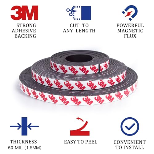 10 Feet x1/2 in Magnetic Tape Strips Roll with Adhesive Backing, Flexible Sticky Magnet Tape for Lightweight Craft DIY Projects